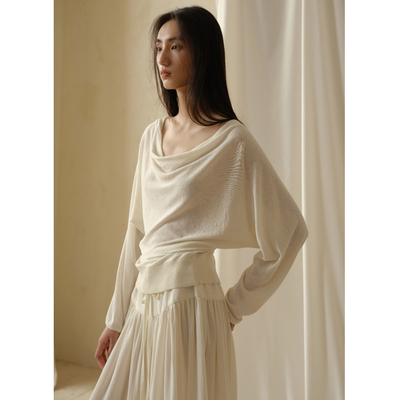 commuse memory『云肩垂落』松弛感气质荡领真丝麻交织长袖针织衫