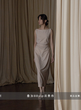 commuse memory夏季 法式优雅 精纺羊毛一字领系带长款通勤连衣裙