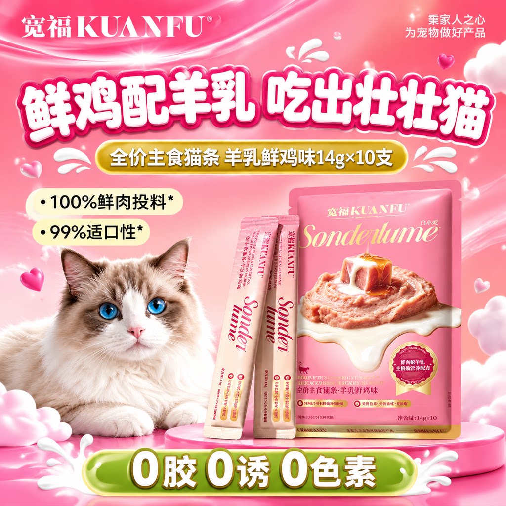 宽福主食猫条全价主食湿粮猫饭主食罐营养羊乳鲜鸡主食猫条试吃S