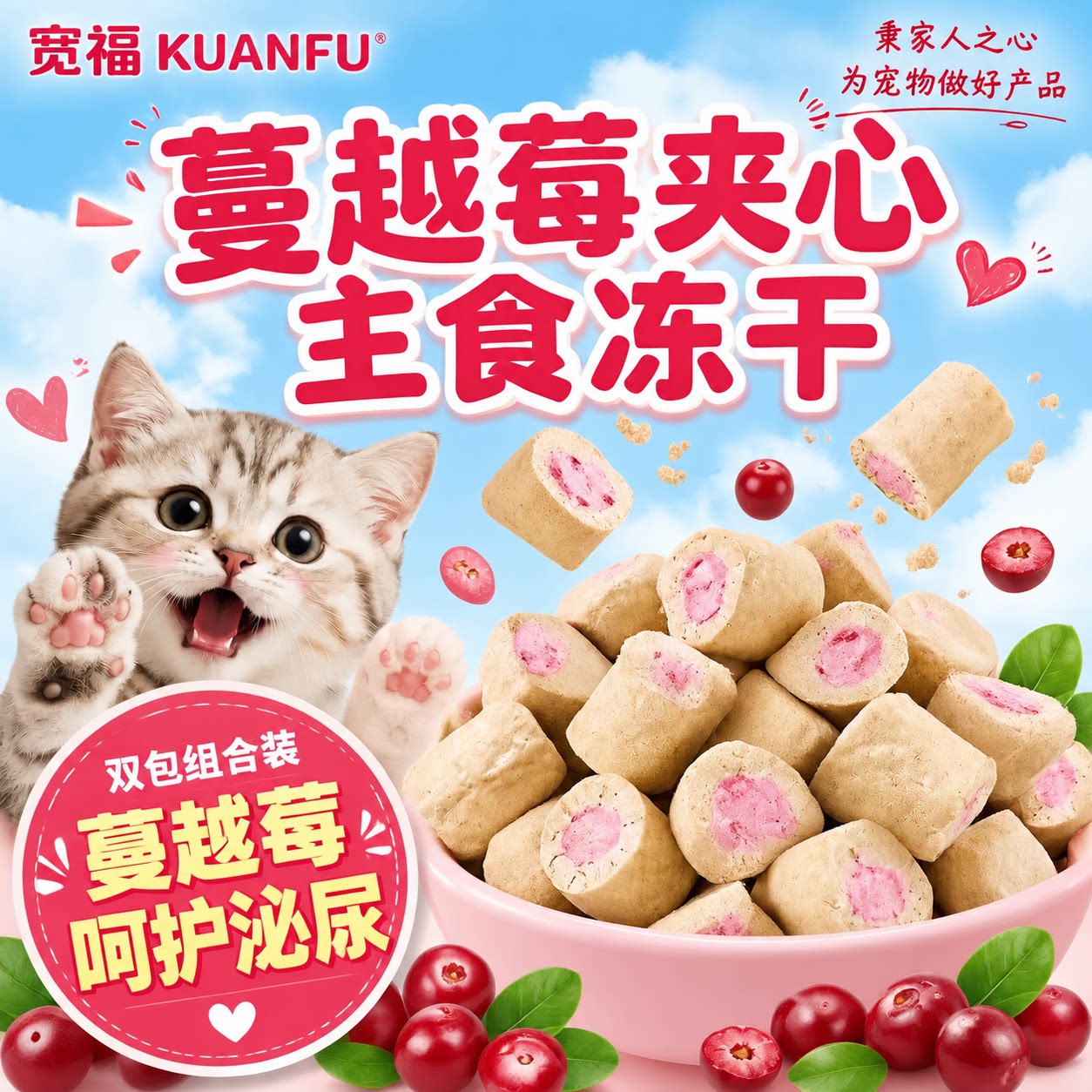 宽福蔓越莓夹心主食冻干猫咪零食呵护泌尿磨牙营养宠物鲜肉冻干 S