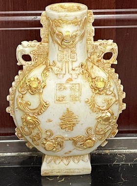 收藏古玩老物件乾隆年制复古玉石高古玉汉白玉旧鎏金花瓶宝瓶雕刻