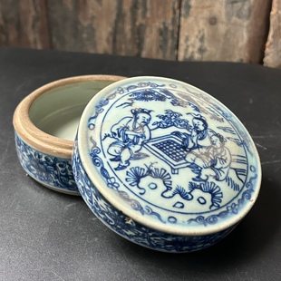 复古青花对弈图印泥盒墨盒胭脂粉盒仿古文房用品精品古玩摆件