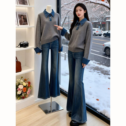 假两件牛仔Polo领灰色毛衣女秋冬