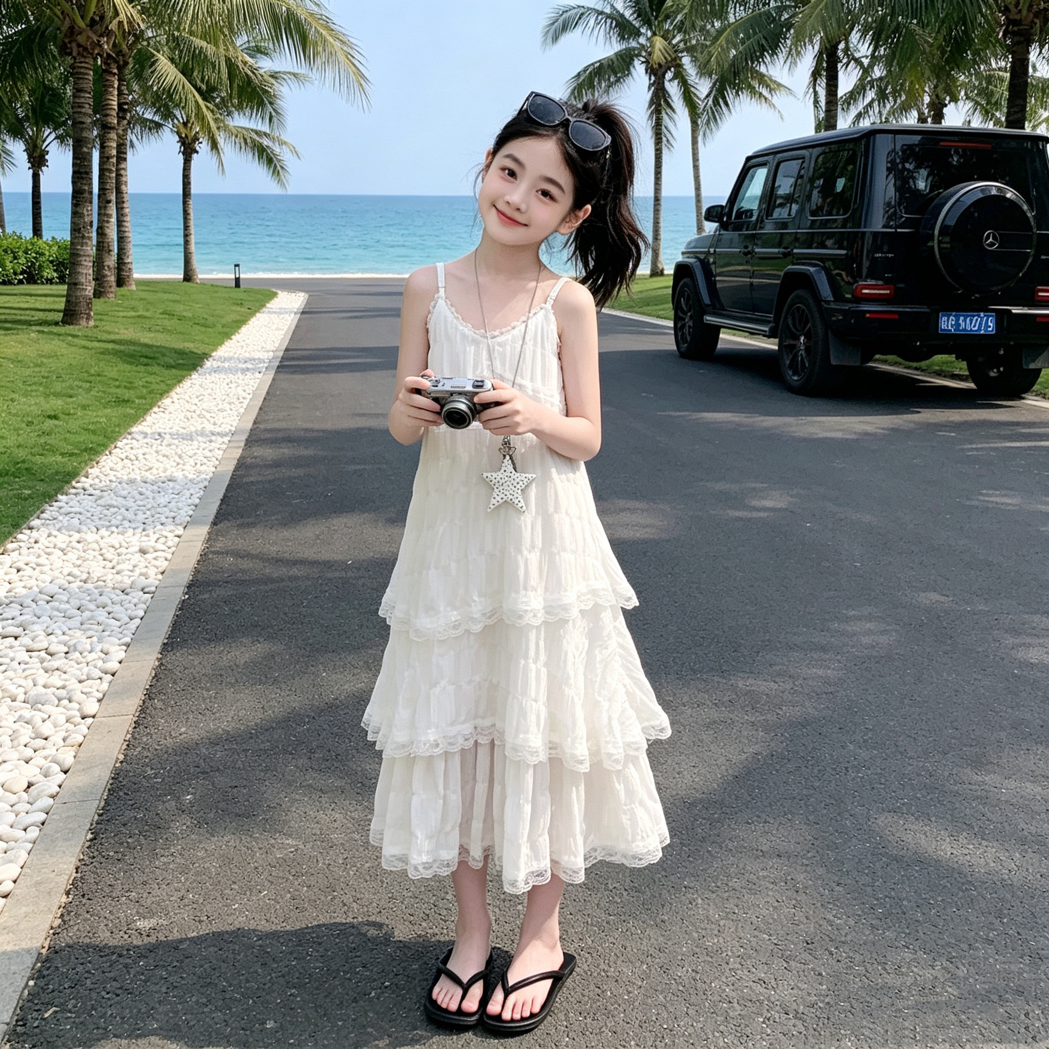 女童白色吊带蛋糕裙夏季长款蕾丝连衣裙度假风长裙子女大儿童洋气