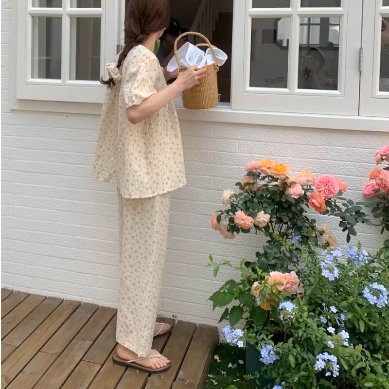睡衣女夏季纯棉短袖长裤套装田园风甜美碎花蕾丝边休闲学生家居服