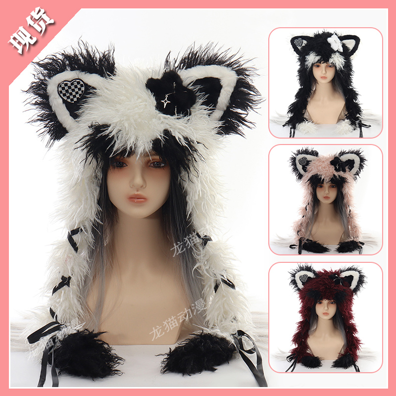 原创毛绒猫耳帽亚比风秋冬保暖Lolita帽子猫咪耳朵亚文化y2k头饰