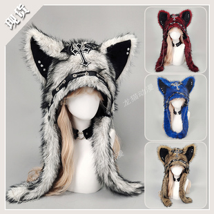 亚文化朋克十字架链条辣妹毛绒帽子秋冬保暖暗黑系亚比猫耳朵帽子