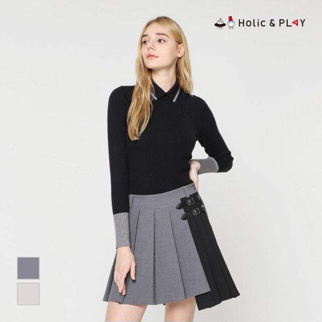 韩国代购直邮Holic正品2折清仓高尔夫服搭扣百褶不对称拼色短裙