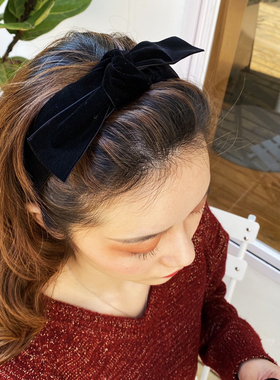 韩国气质黑色丝绒复古发箍女简约外出百搭蝴蝶结防滑压发网红头箍