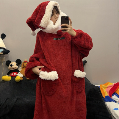 圣诞老人红色加厚珊瑚绒睡衣男女
