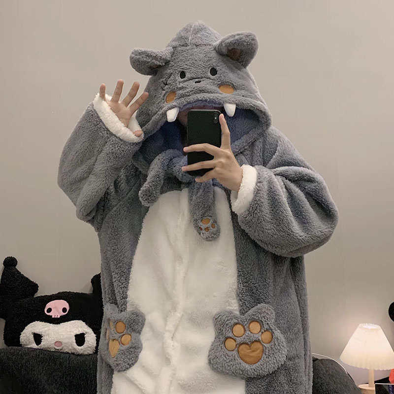 大灰狼情侣睡袍套装男女士珊瑚绒