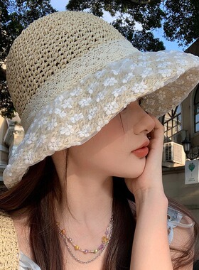 蕾丝蝴蝶结草帽女小清新韩版帽子