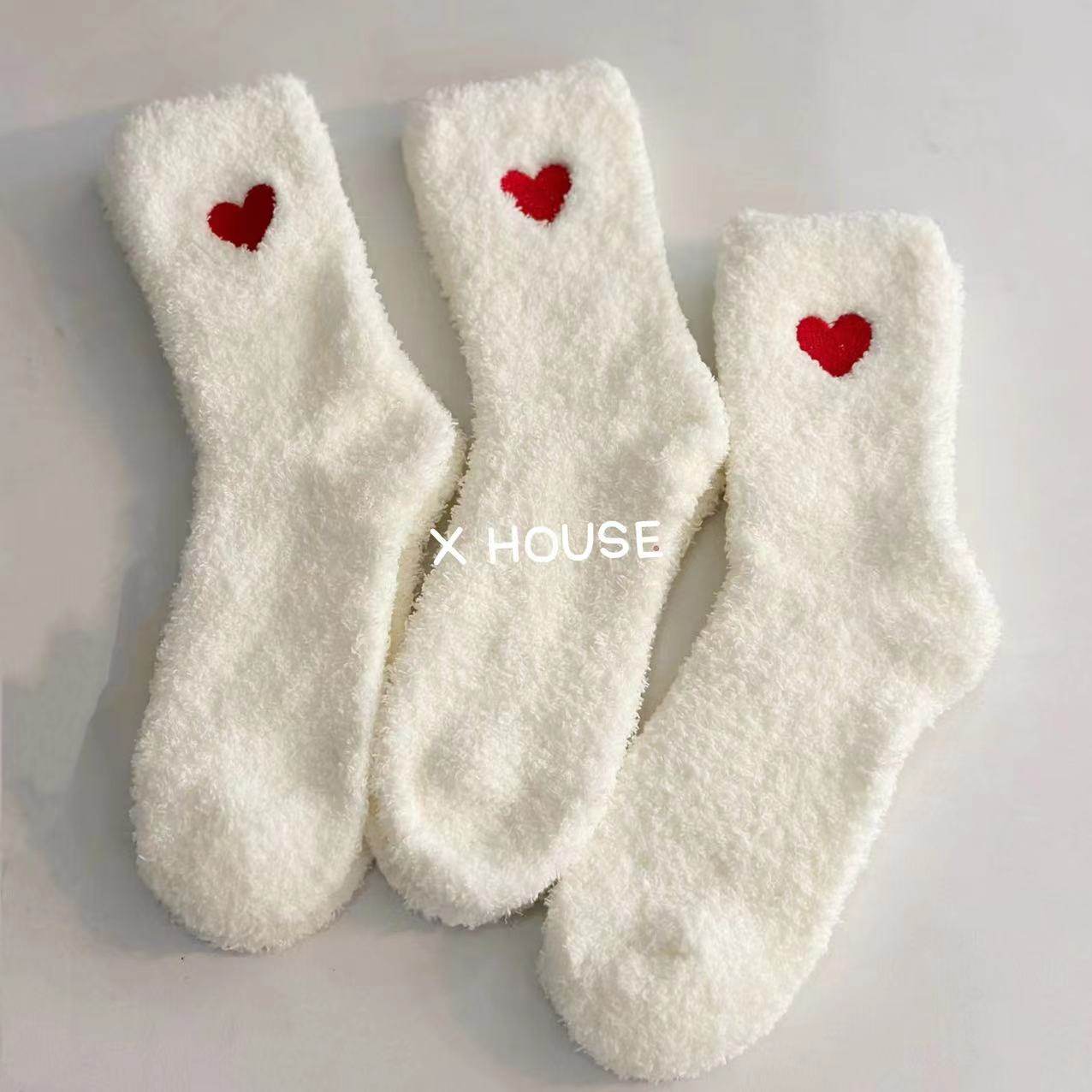 珊瑚绒地板袜睡觉穿袜子爱心刺绣