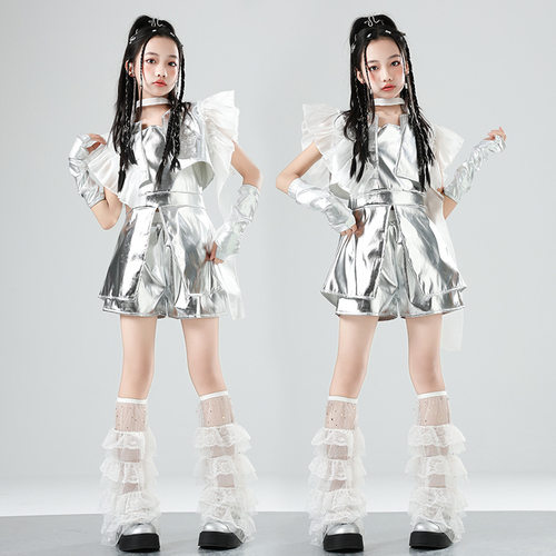 儿童街舞飘带科技感女童爵士舞亮皮走秀表演服hiphop时尚演出服