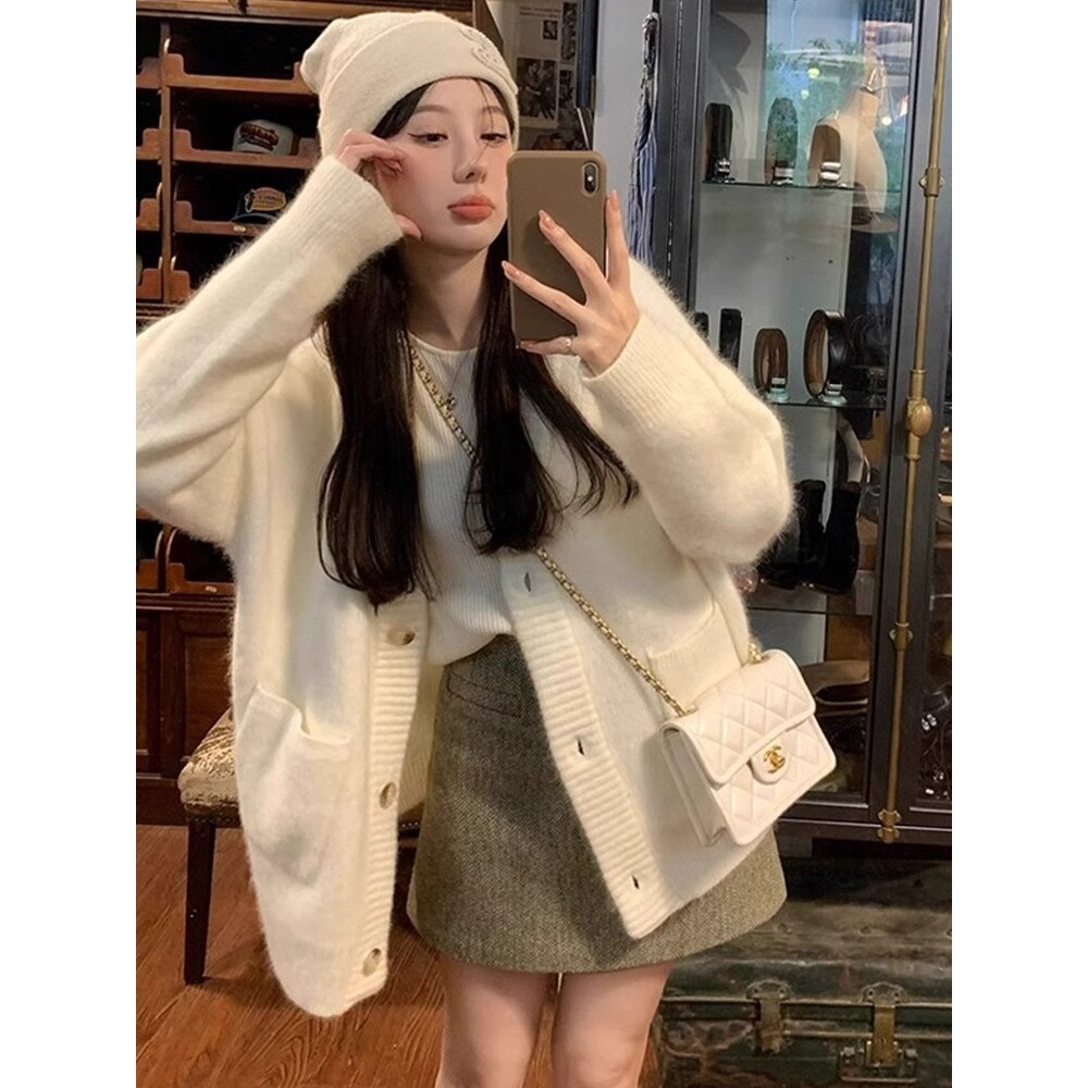 白色马海毛v领毛衣开衫女春秋加厚针织外套小个子宽松中长款上衣