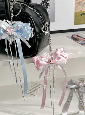 原创设计少女心粉红之心蝴蝶结飘带蕾丝爱心手机包包挂件钥匙扣