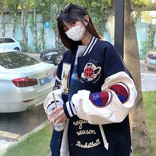 美式国潮插肩拼棒球服男女春秋季学生宽松拼接刺绣设计感夹克外套