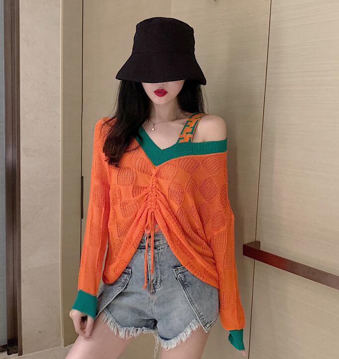 冰丝针织衫女早秋冬v领露肩薄款毛衣镂空抽绳上衣别致设计感小众