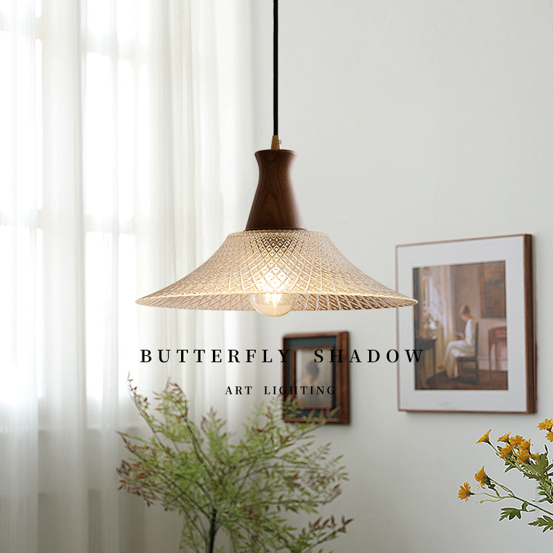 新款法式田园餐厅餐桌玻璃吊灯日式复古民宿吧台装饰黄铜胡桃木灯