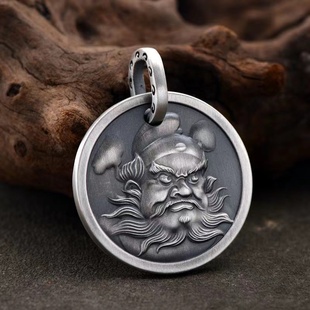 鬼王钟馗吊坠男女999纯银中国风饰品刻字复古银饰项链钥匙扣挂件