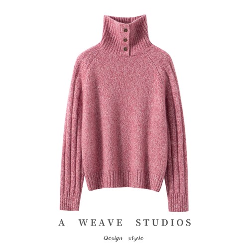 高翻领山羊绒衫女桑蚕丝带扣宽松套头毛衣时尚洋气高级感针织上衣