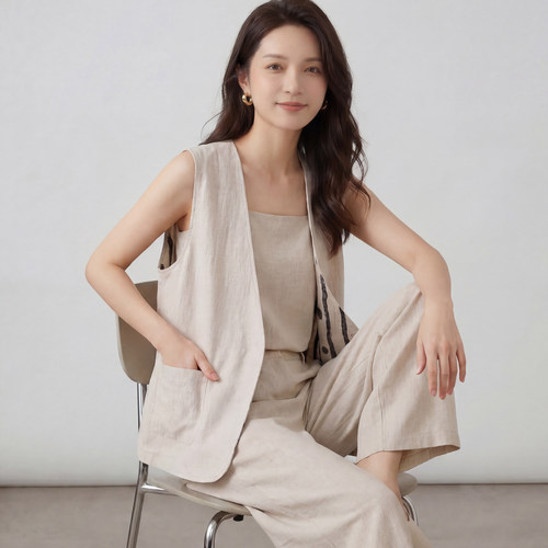 优雅气质亚麻双面穿马甲女V领无袖宽松短款马夹百搭休闲坎肩外搭