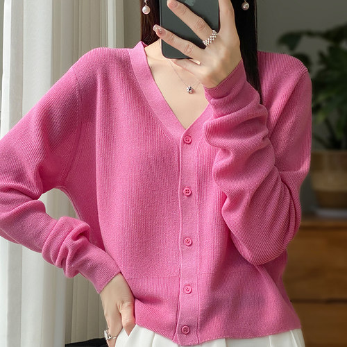 冰丝V领针织开衫女夏季新款宽松防晒衣短款毛衣外套长袖空调衫薄