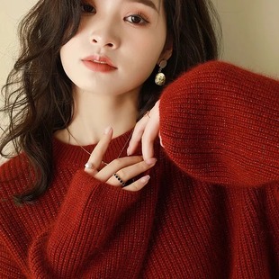 红色亮丝宽松100纯羊毛衫女秋冬欧货高端加厚慵懒毛衣时尚羊绒衫