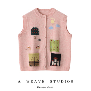 洋气减龄圆领山羊绒马甲女无袖针织开衫马夹宽松显瘦手绣叠穿背心