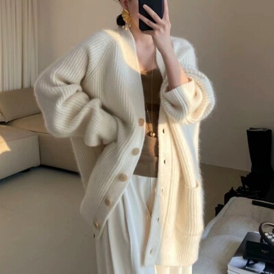 慵懒风韩版100纯羊毛开衫女V领宽松时尚针织毛衣外套中长款羊绒衫