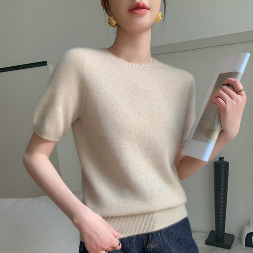 M家同款羊绒短袖女圆领无缝纯色宽松半袖毛衣时尚百搭针织羊毛T恤