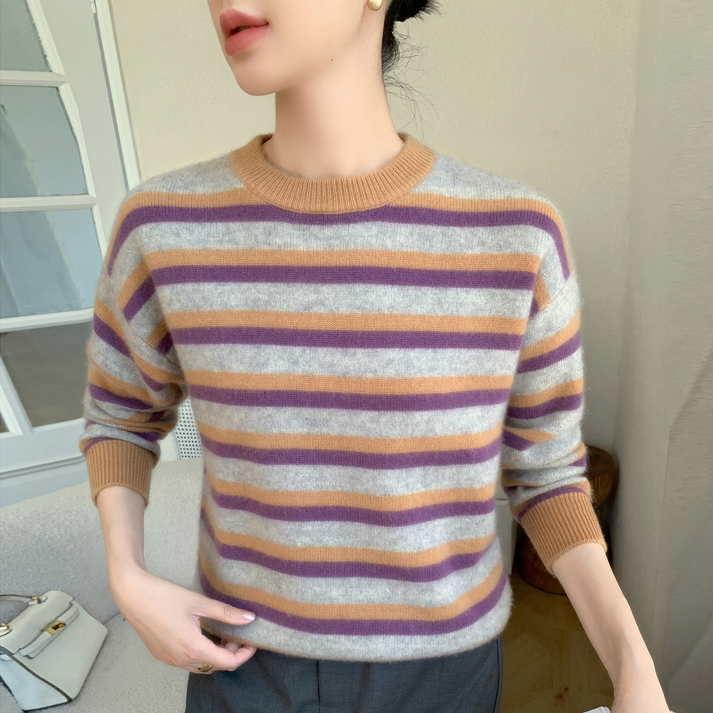 复古撞色条纹山羊绒衫女秋冬新款宽松套头软糯保暖针织毛衣打底衫
