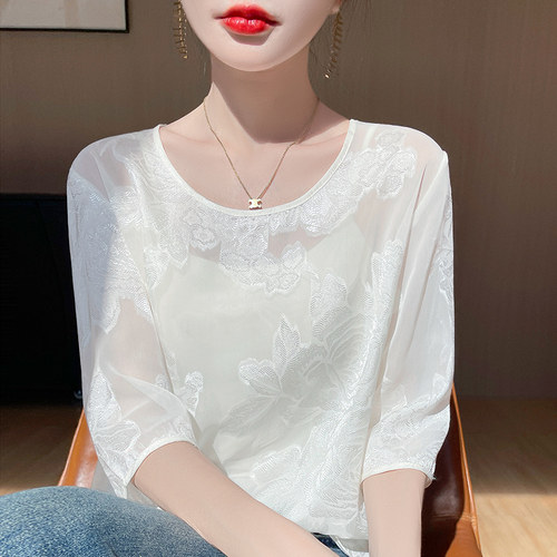 国风新中式醋酸七分袖衬衣女圆领复古提花缎面上衣微透防晒空调衫