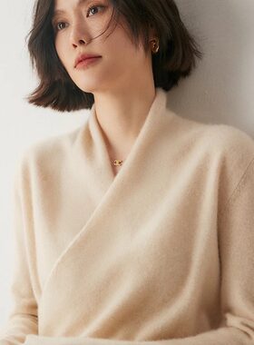 2025秋冬新款交叉领羊绒衫女羊绒V领外穿毛衣裹胸羊毛针织打底衫