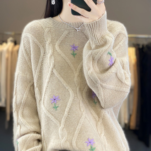 100纯羊绒衫女重工加厚圆领扭花刺绣毛衣宽松套头羊毛针织打底衫