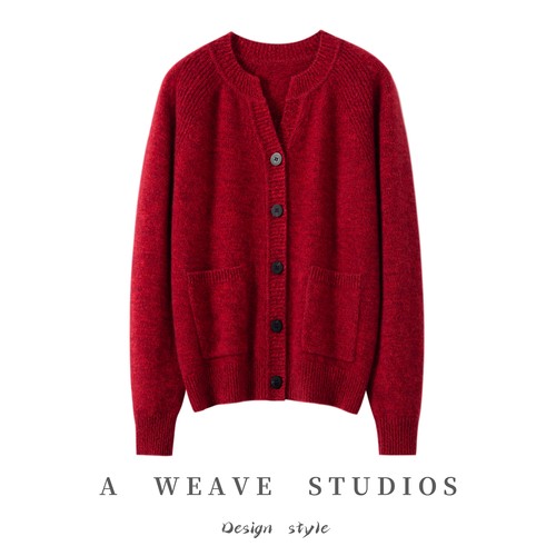 之禾同款100%纯山羊绒开衫女秋冬新款剪刀领带兜花纱宽松毛衣外套