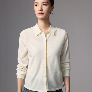 简约时尚POLO领长袖精纺扬子纱100%羊毛开衫女士针织衫外套毛衣