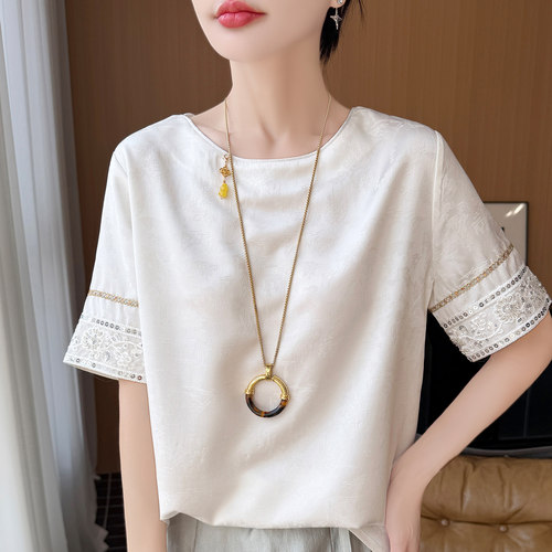 高端轻奢新中式国风提花短袖女2026夏季新款圆领刺绣缎面宽松T恤