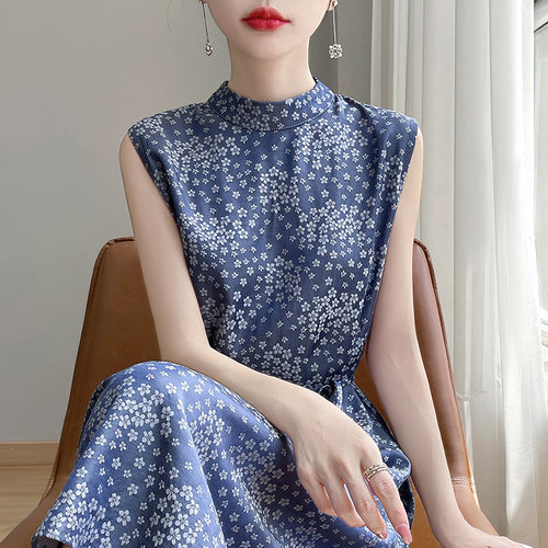 2025夏季新款背心连衣裙女宽松显瘦碎花长裙无袖气质中长款A字裙