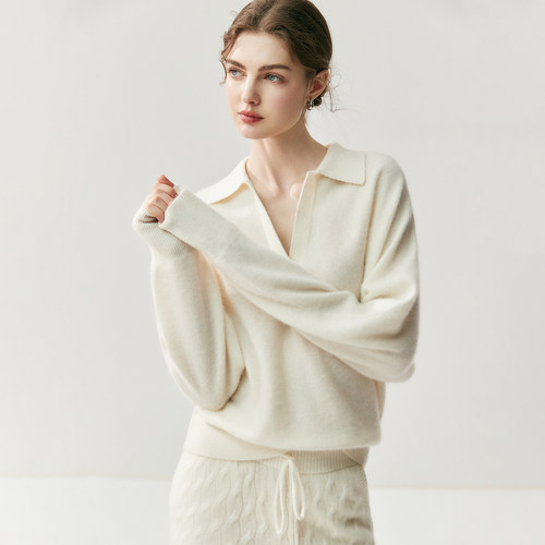 时尚氛围感~专柜同款山羊绒衫女秋冬新款Polo领宽松休闲羊毛毛衣