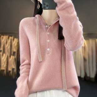 羊绒帽衫 女秋冬新款 纯色一线成衣宽松连帽上衣100%纯羊毛针织帽衫