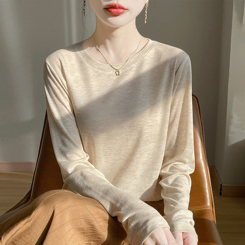 春秋新款莱塞尔天丝毛衣女圆领薄款纯色百搭宽松时尚针织衫打底衫