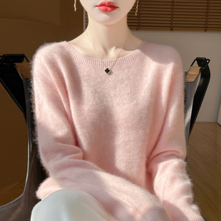 氛围感软糯100%纯羊毛衫女轻奢圆领拉绒毛衣宽松大码羊绒针织打底