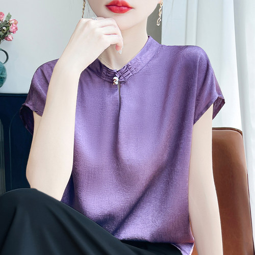高级感缎面琉光新中式国风短袖女宽松显瘦落肩背心时尚百搭薄小衫