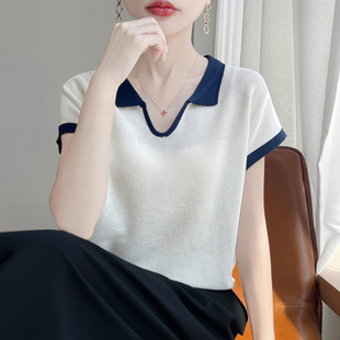 洋气天丝苎麻拼色短袖 时尚 女POLO领宽松休闲T恤显瘦百搭气质上衣