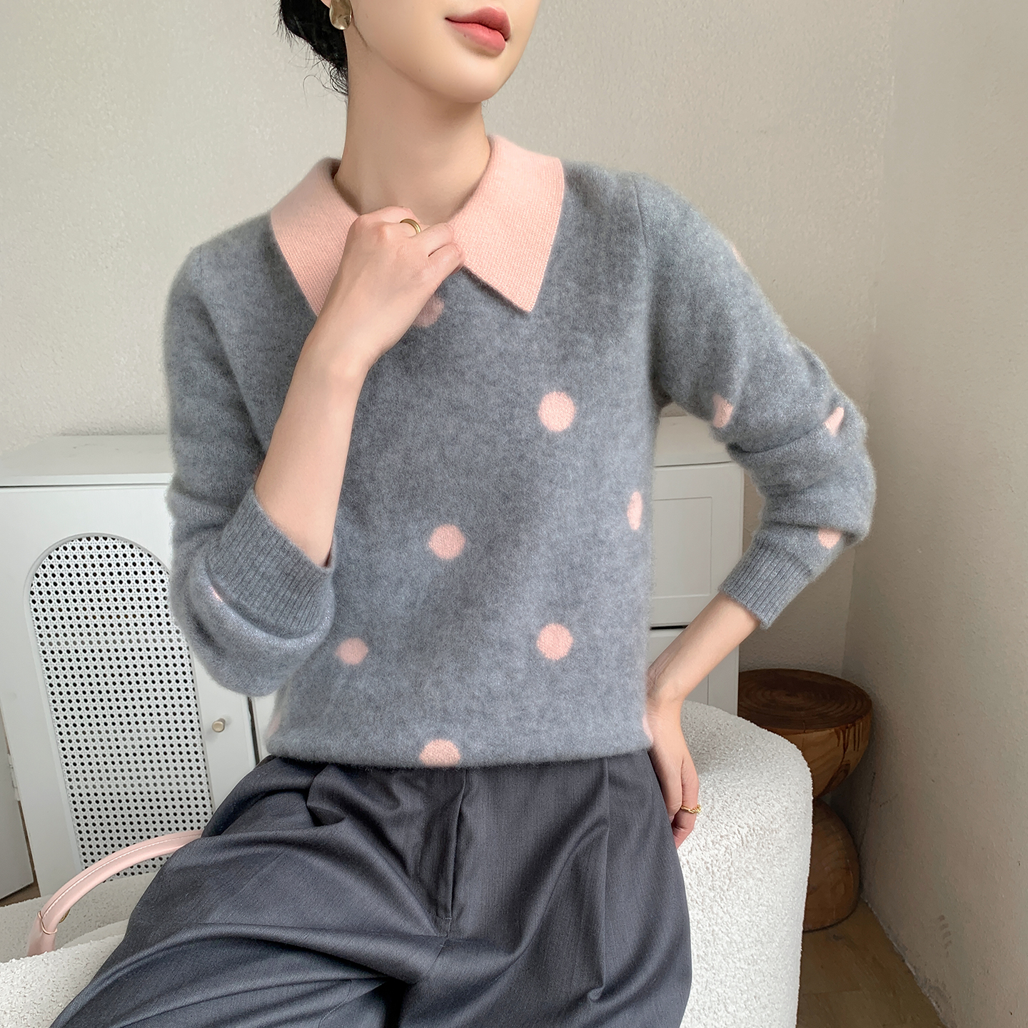 高端欧货娃娃领山羊绒衫女宽松加厚撞色洋气减龄针织毛衣打底衫