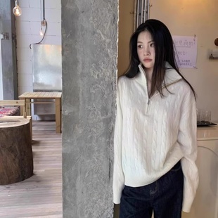 秋冬新款欧货高领山羊绒衫女半拉链加厚麻花毛衣慵懒风针织打底衫
