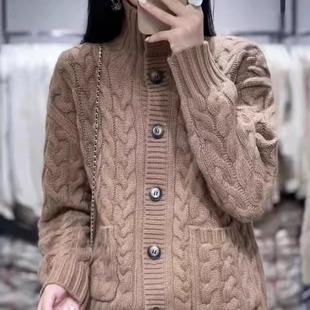 女高领加厚麻花宽松羊绒开衫 欧洲站秋冬羊毛衫 慵懒风针织毛衣外套