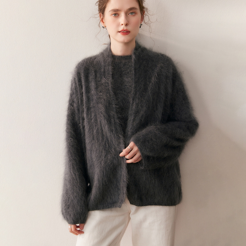 高端气质斗篷拉绒100%羊绒开衫女V领一粒扣加厚宽松针织外套上衣