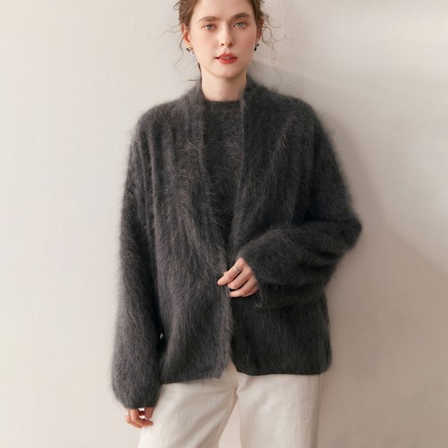 高端气质斗篷拉绒100%羊绒开衫女V领一粒扣加厚宽松针织外套上衣